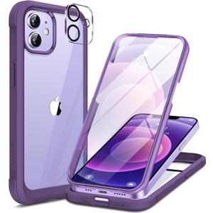 Miracase Glass Series for iPhone 12/12 Pro Case 6.1 inch, Upgraded Full-Body Rugged Phone Bumper Case Cover with Built-in 9H Tempered Glass Screen Protector and Camera Protector, Purple