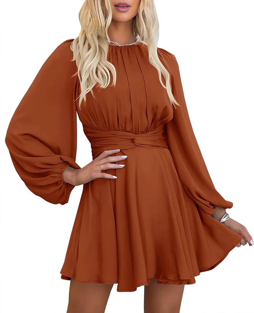 MITILLY Women's Elegant Satin Long Sleeve Round Neck Wrap Tie Waist Flowy Cocktail Party Mini Dress, M