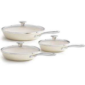 Redchef Nonstick Cookware Sets, Frying Pan Set with Tempered Glass Lids, Ceramic Cookware Set, Stay-Cool Handles, Dishwasher & Oven Safe, Compatible with All Cooktops, Beige (8+9.5+11 Inch)