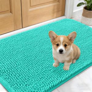 OLANLY Dog Door Mat for Muddy Paws 24x16, Absorbs Moisture and Dirt, Absorbent Non-Slip Washable Doormat, Quick Dry Chenille Mud Mat for Dogs, Entry Indoor Entryway Carpet for Inside Floor, Teal
