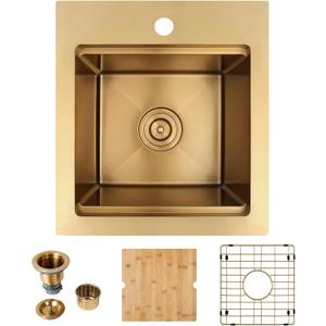 LQS 16" x 18" Gold Drop in Bar Sink, 16 Gauge Stainless Steel Small Single Bowl Workstation Kitchen Sink