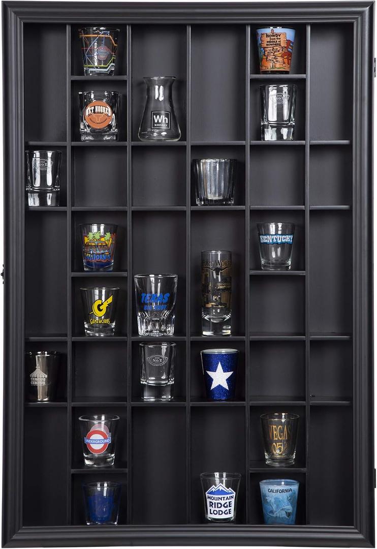 Gallery Solutions - Black Wall-Mounted - Curio & Shot Glass Display Case - 17"x26" Glass Door - Bar Accessories - Collectible - Miniature Glassware - Bar Accessories