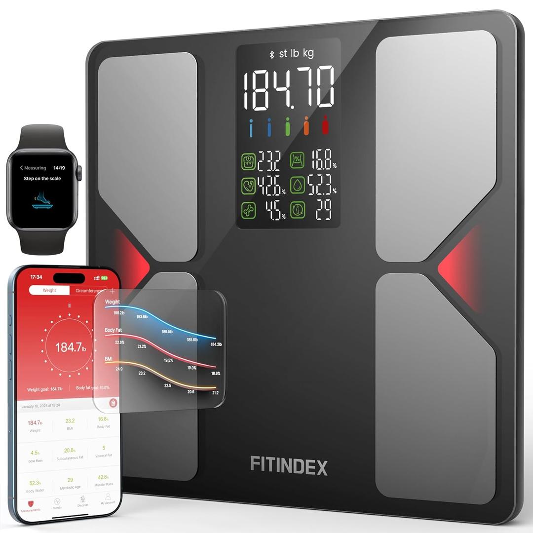 FITINDEX Smart Scale with BMI, Body Fat, Muscle Mass, Scale for Body Weight and Fat Percentage, High Accurate Bluetooth Scale with Large Display, 13 Body Composition Analyzer Sync APP, 500lbs, 11.8" (4 Electrode)