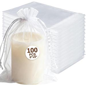 Sukh White Organza Bags 6"x9" - 100pcs Large Sheer Mesh Drawstring Bags for Jewelry, Soap, Fruits, Candy, Small Gift Bag for Weddings, Valentine's Day, Mother's Day, Halloween, Thanksgiving, Christmas