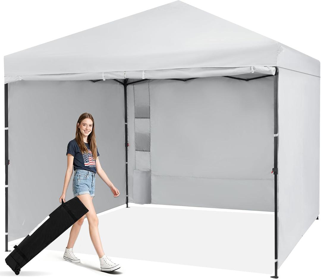 10X10 Comercial Instant Pop Up Canopy Tent with 4 Sidewalls, One Push Setup Center Lock, Portable Sun Shade Shelter for Beach Patio Outdoor Events, Case, 8 Stakes, 4 Ropes, 4 Sandbags (White)