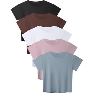 HOPLYNN 5 Pack Womens Loose Fit Crop Top Short Sleeve Crew Neck T Shirts Workout Athletic Running Yoga Gym Casual Tees (Medium, 1 Black 1 White 1 Pink 1 Blue 1 Coffee)
