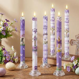 6 Pcs Easter Flameless Candle Set He is Risen LED Flameless Taper Lent Candles with Battery Operated Purple Cross Christian Celebration Candles with Remote for Easter Spring Home Decor Gifts