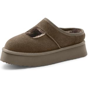 Vilanva Platform Slippers for Women Cozy Fur Lined Slip on Mary Jane Winter Shoes Warm Comfy House Slippers for Indoor Outdoor (8.5, Taupe)