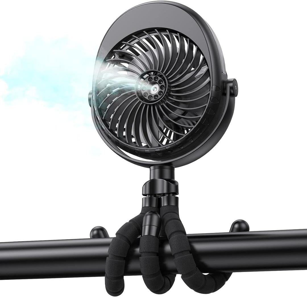 Portable Stroller Fan with Mist, Rechargeable Misting Fan with Flexible Tripods, 360 Pivot Personal Mister for Cooling Outdoor Travel Beach Umbrella Wagon Crib Treadmill Car (Black)