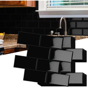 10-Sheet Thick Peel and Stick Kitchen Backsplash Tiles, 3D Subway Waterproof Self-Adhesive Wall Tile Stick on Backsplash for Kitchen and Bathroom(Black,12.6"10.6")