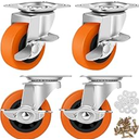 3 Inch Caster Wheels, Casters Set of 4 Heavy Duty, Orange Polyurethane (PU) Casters, Industrial Swivel Top Plate Castor Wheels for Workbench/Furniture/Cart (Pack of 4)