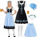 Mepase 5 Pcs Womens Oktoberfest Costume, Blue Dirndl Dress Headpieces Scarf Beer Mug Stocking German Oktoberfest Outfits Size L