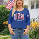 Plus Size 4th of July Shirts Women 250th Anniversary USA Shirt 1776 American Flag Patriotic Tee V Neck 3/4 Sleeve Tops (5XL, Blue)