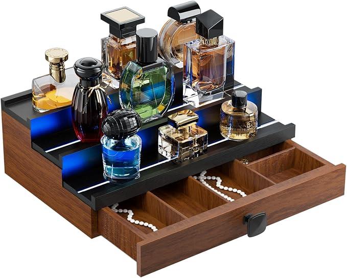 TIRYIUOU Perfume Cologne Organizer for Men: with LED Light 3 Tier Wooden Perfumes Stand, Desktop Parfum Holder Wood Display Shelf with Cabinet, Bedroom Makeup Lotion Jewelry Storage Rack with Drawer