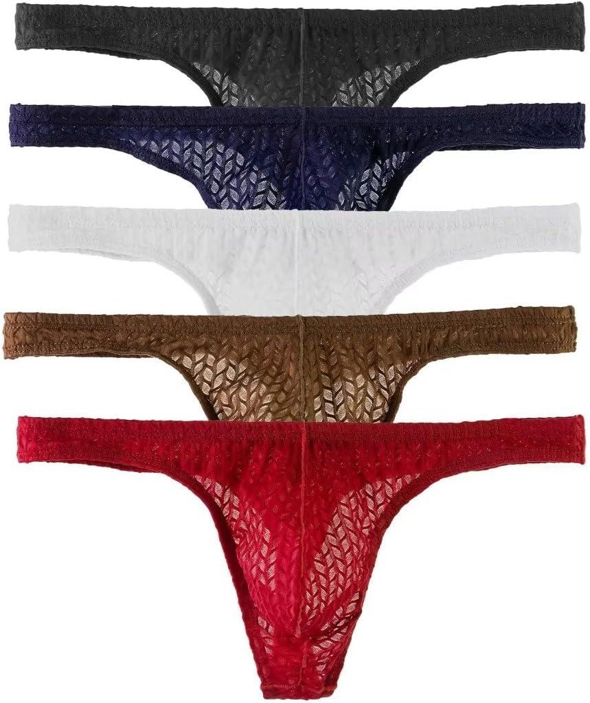 Pdbokew Men's Transparent Thong Underwear Comfty Lace Pouch Underwear 5 Pack L