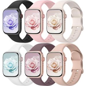 6 Pack Sport Bands Compatible with Apple Watch Bands 38mm 40mm 41mm 42mm 44mm 45mm 46mm 49mm for Women Men, Soft Wristband Silicone Sport Strap for iWatch Bands Series 11 10 9 8 7 6 5 4 3 2 1 Ultra SE (Black/ Pink Sand/ Starlight/ White/ Smoke Violet/ Milk Tea)