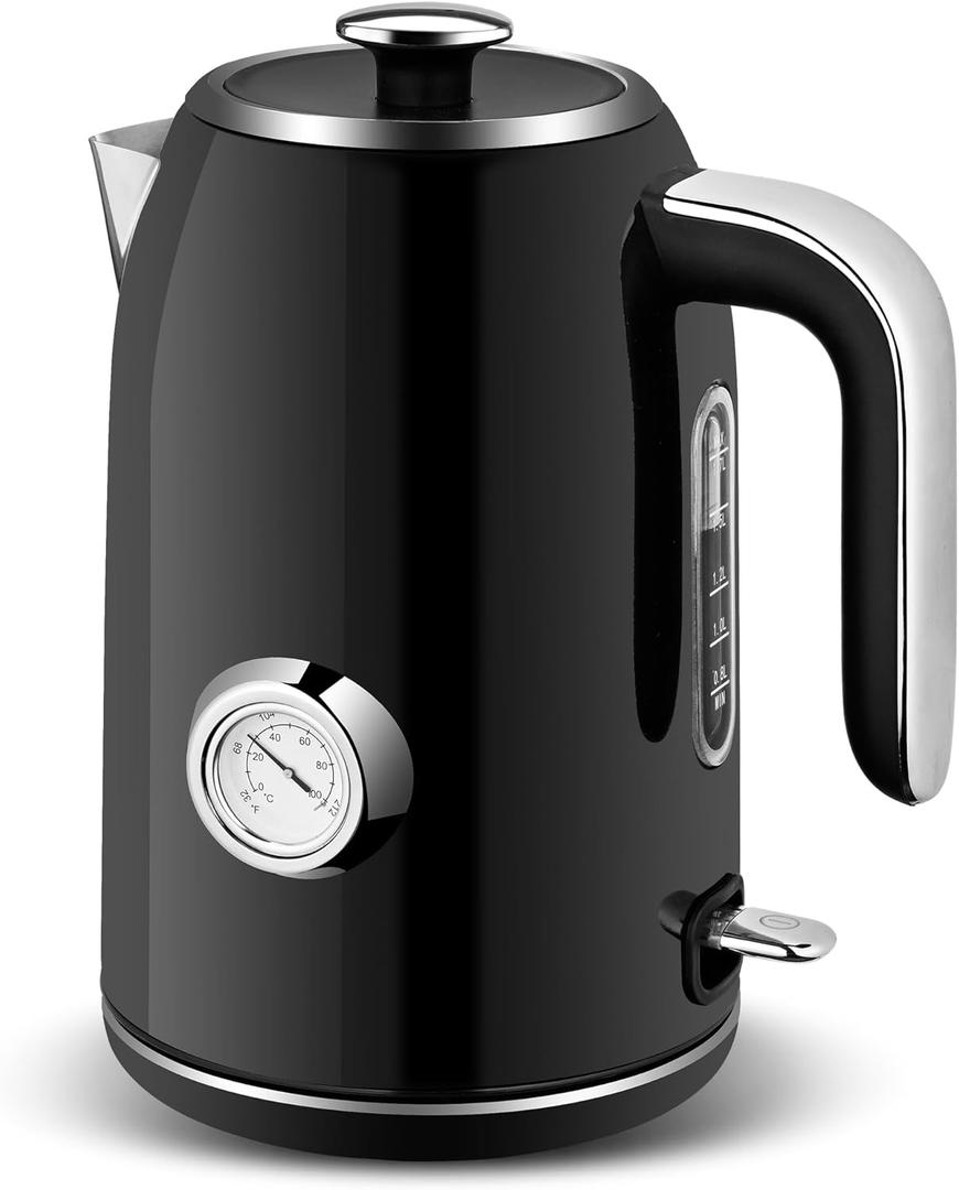 SULIVES Electric Kettle, 1.7L Stainless Steel Tea Kettle with Temperature Gauge, 1500W Water Boiler with LED Light, BPA-Free, Auto Shut-Off and Boil-Dry Protection, Black