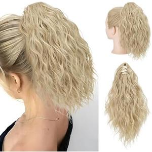 SARLA Short Ponytail Extension Claw Clip in 13 Inch Fluffy Synthetic Curly Wavy Pony Tail Hairpiece for Women Pale Ash Blonde