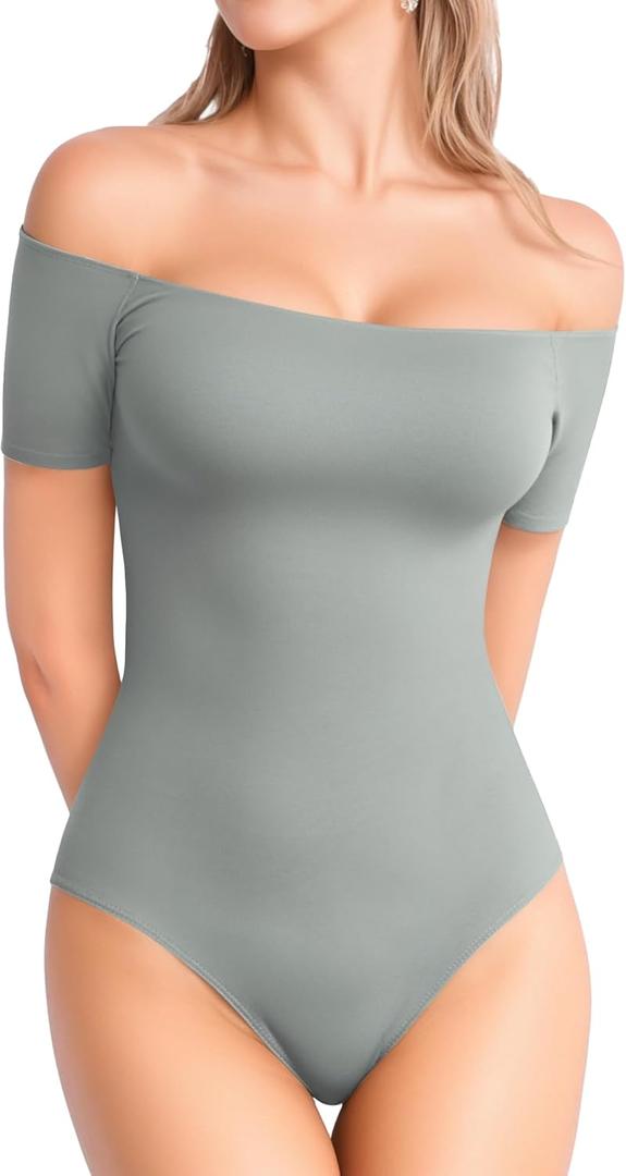 MANGOPOP Women's Off The Shoulder Long Sleeve Short Sleeve Bodysuit Sexy Backless Body Suit Tops (Large),Short Sleeve Elephant Grey