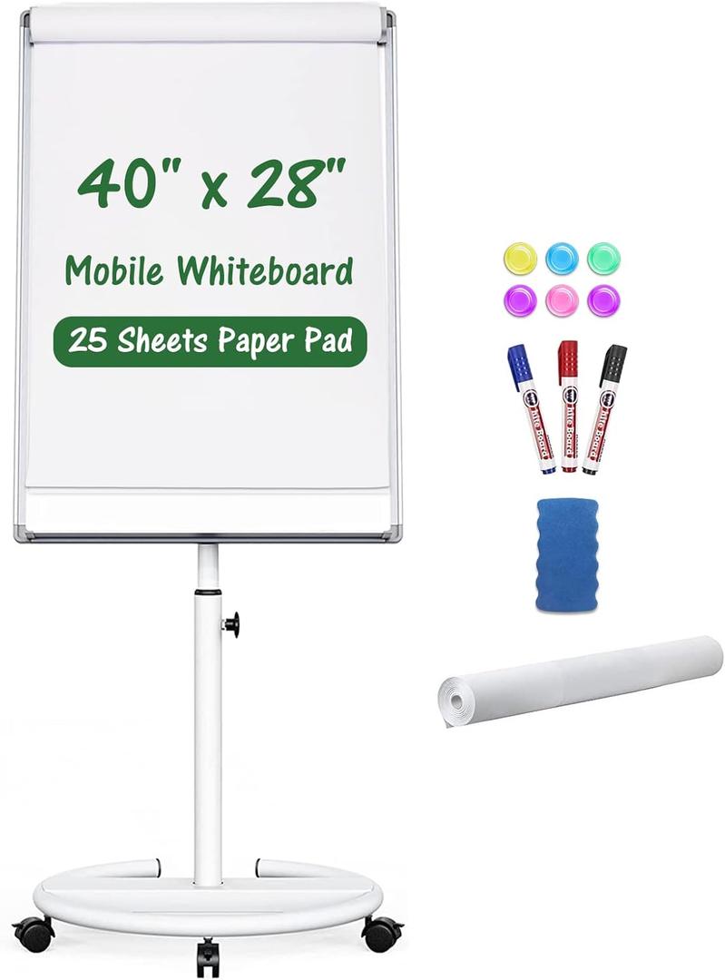 Mobile Dry Erase Board, 40x28 inches Magnetic Portable Whiteboard Stand Easel White Board with 25 Sheets Paper Pad, Height Adjustable Flipchart Easel Board for School, Office, Home