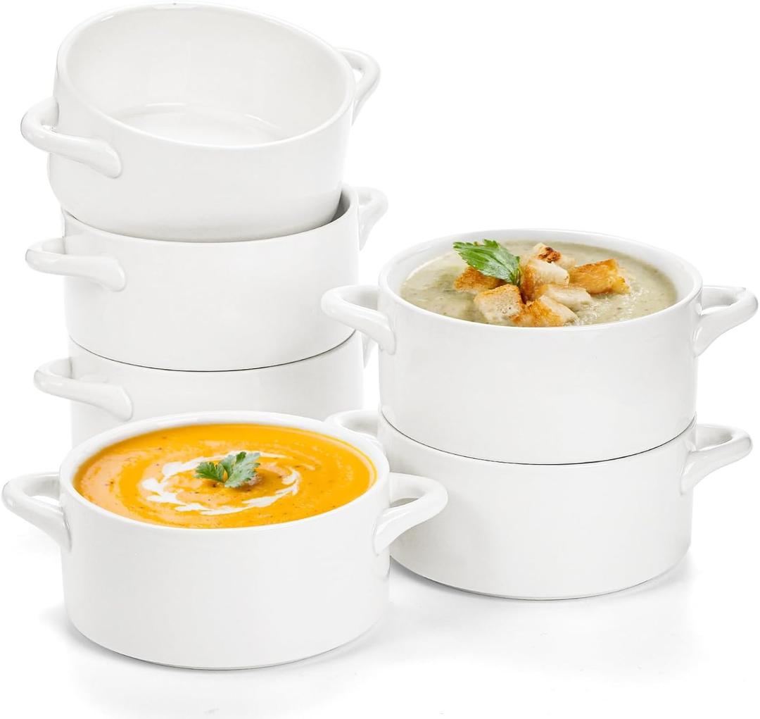 SOUJOY 6 Pack French Onion Soup Bowls, 22Oz Porcelain Serving Soup Bowls with Handles, Oven Safe Crocks for Soup, Cereal, Chill, Pot Pie, Beef Stew