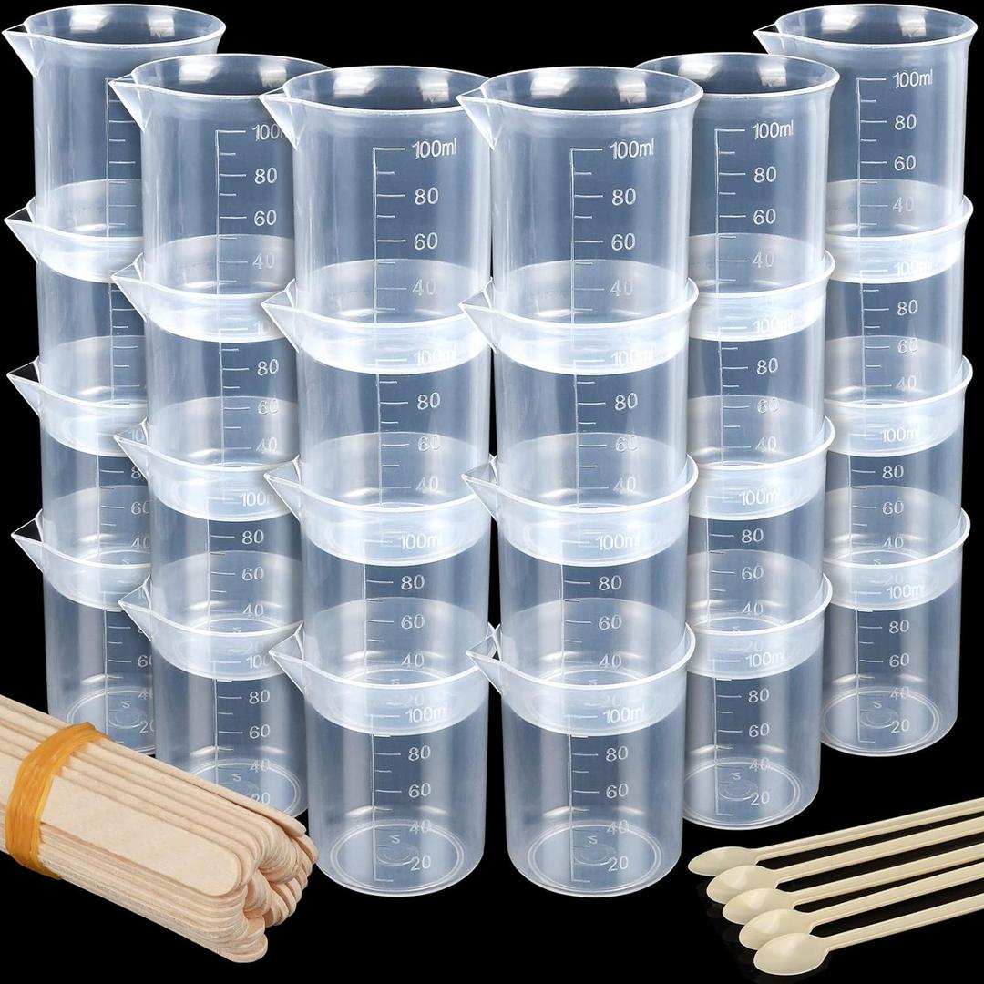 LEOBRO 24 PCS 100ml Resin Measuring Cups with 35PCS Mixing Sticks, Graduated Epoxy Resin Mixing Cups, Small Plastic Beakers, Plastic Measuring Cup for Paint, Art Craft, Soap Candle Tumbler Making