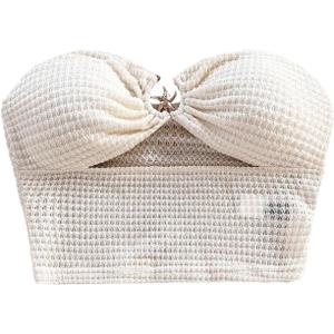 SweatyRocks Women's Cut Out Sexy Crop Tube Top Textured Bandeau Sleeveless Strapless Top (White, L)