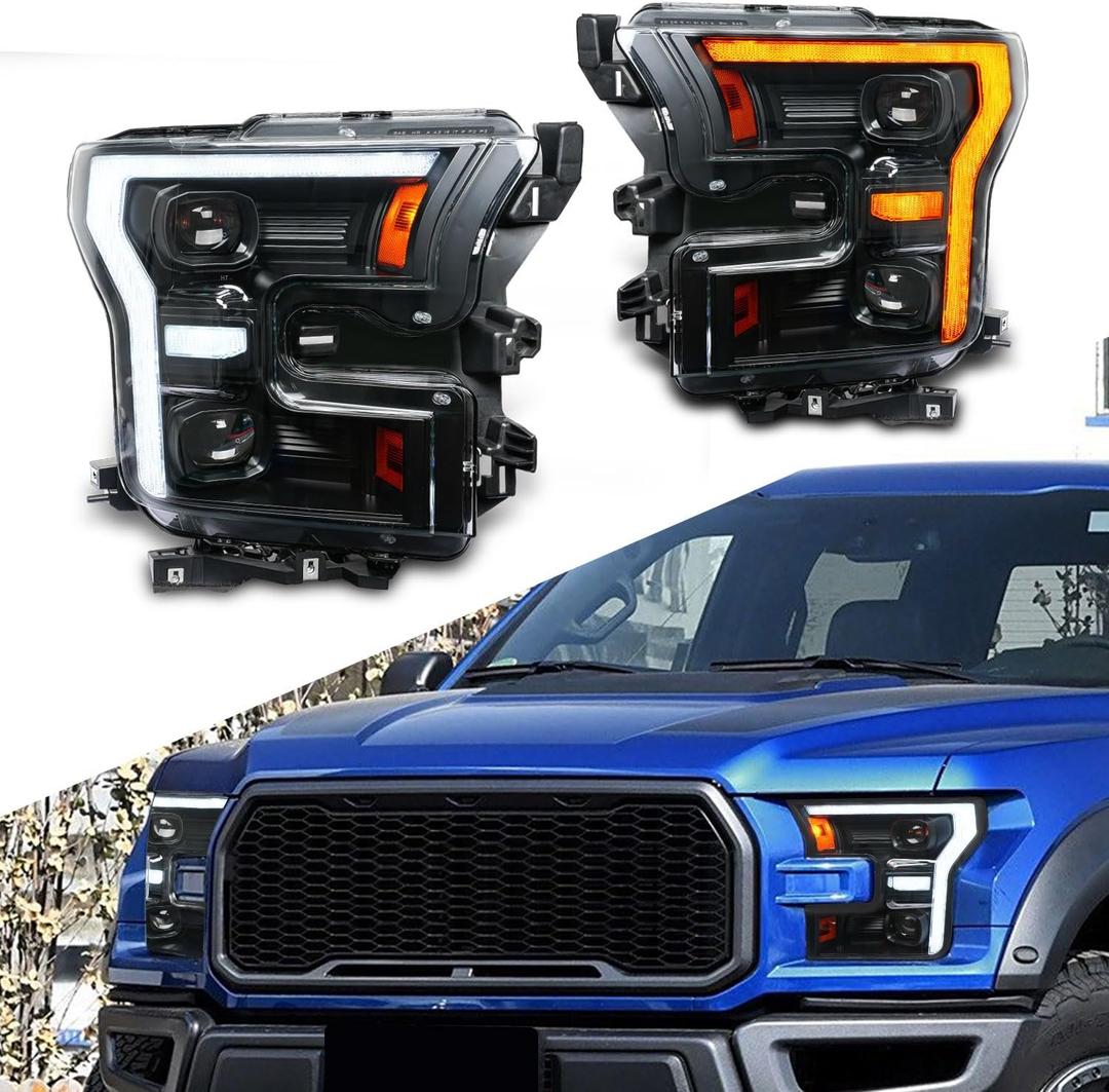 Headlights Compatible with 2015-2017 Ford F150 Pickup XL/XLT/Lariat/King Ranch/Platinum/Limited,2017-2020 F150 Raptor,w/Amber or White DRL