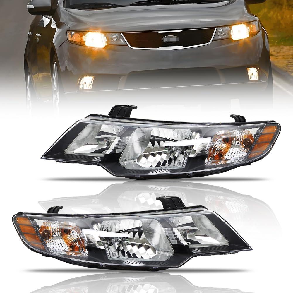 Headlight Assembly for 2010-2013 Kia Forte/Koup LX EX SX, Passenger & Driver Side Halogen Headlamp with Clear Lens Black Housing Amber Reflector, 1 Pair
