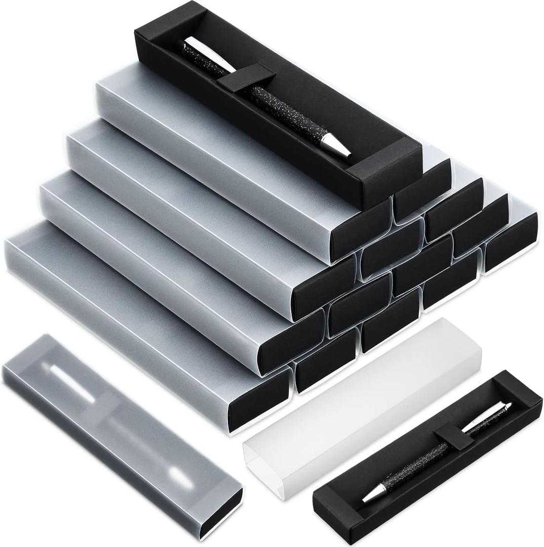 Crtiin 30 Pcs Black Pen Gift Boxes Empty Black Gift with Folding Instructions, Pen Cases with Clear Sleeves and Paper Support Box of Pens Jewelry Present for Business Souvenir Supplies