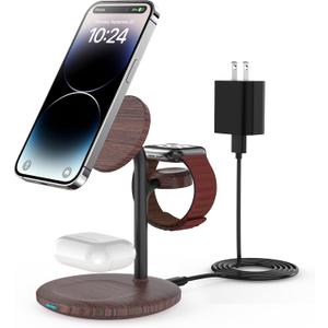 XooFly 3 in 1 Wireless Charging Station for Apple Devices, Fast Wireless Mag-Safe Charger Stand with 20W Adapter for iPhone 17/16 15 14 13 12 Pro Max/Pro/Plus/Air/Mini,iWatch,AirPods,Brown Wood Grain
