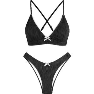 ZAFUL Women's V Neck Bikini Set High Waisted Swimsuits Lace Up Bow Decor Cheeky Two Piece Bathing Suit (S)