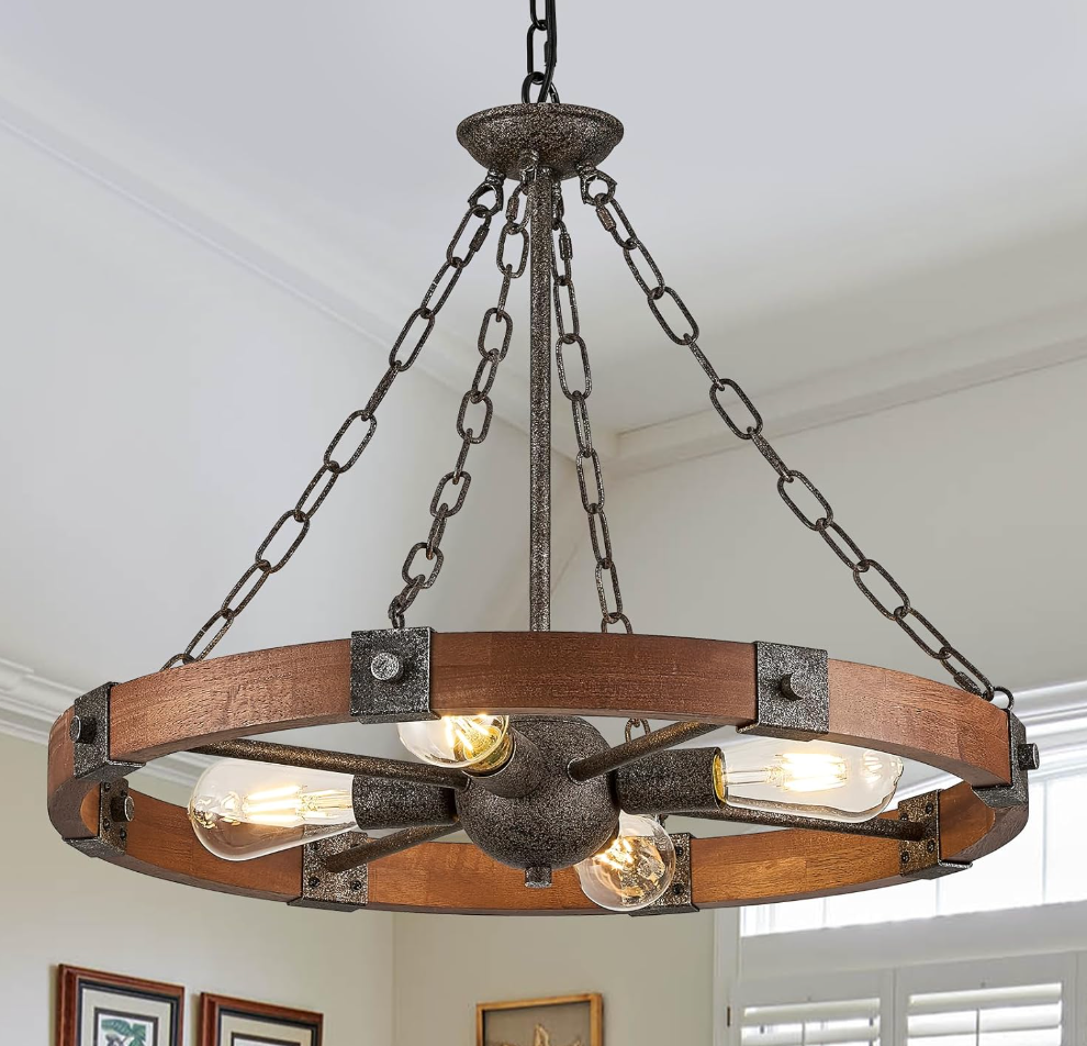Farmhouse Wagon Wheel Chandelier 23.6" Walnut Rustic Chandeliers 4-Light Wood Round Pendant Light Fixture for Dining Room Kitchen Entryway Foyer