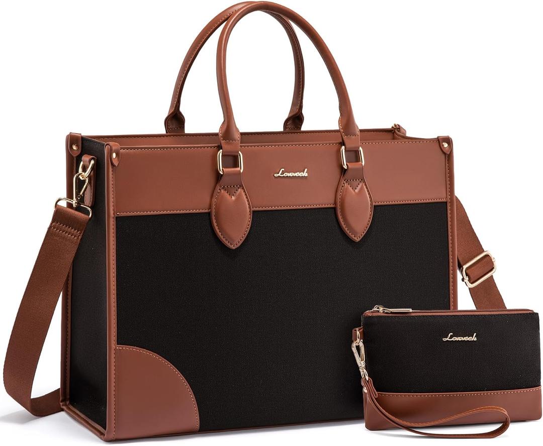 LOVEVOOK Laptop Bag for Women 15.6 lnch,Waterproof Laptops Tote Bags for Womens,Professional Work Bags for Women with Cup Holder,Large Laptop Purse Computer Briefcase Office Teacher Clutch Bag,2 PCS (Black - Chestnut Brown)