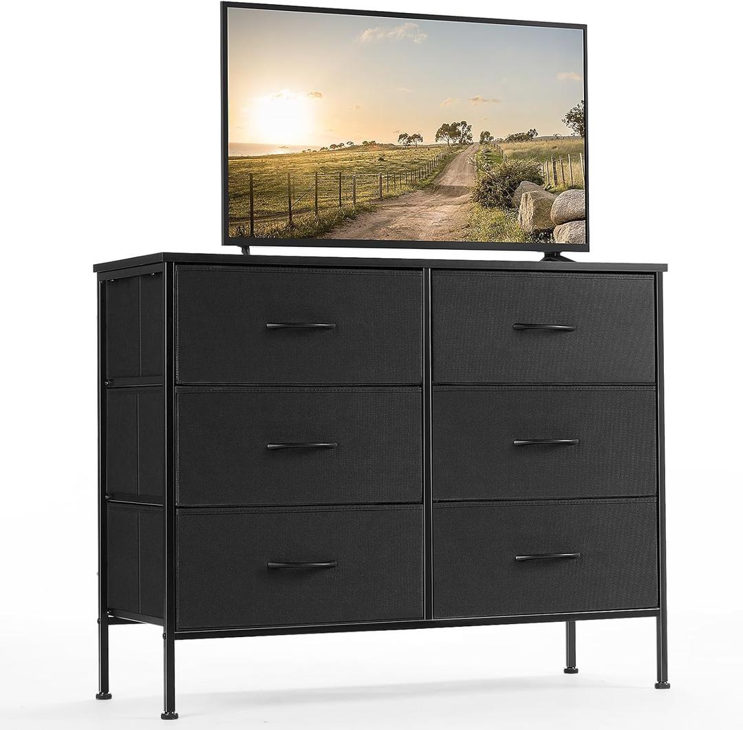 DUMOS TV Stand for Living Room, Dresser for Bedroom Chest of Dresser with 6 Fabric Drawers Storage Organizers Units, Nightstand for Bed, Black