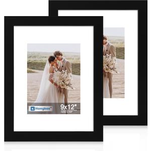 Hongkee 9x12 Picture Frame Set of 2, Made of Real Glass and Black Wooden Frame - Display Pictures 6x8 with Mat or 9x12 Without Mat, 9 by 12 Photo for Wall or Tabletop