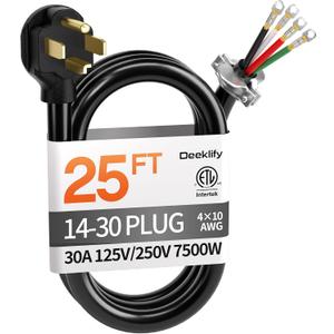 25 ft 4 Prong Dryer Cord, 30Amp 10 Gauge Dryer Power Cord Replacement, Pure Copper 4-Wire Extension Cord with NEMA 14-30P Plug and O-Ring Terminals, 250V 7500W, ETL Listed, Black STW