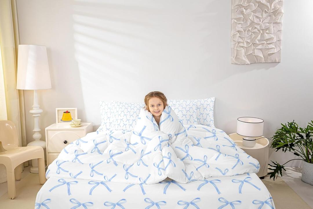 7 Pieces Cartoon Bowknot Kids Comforter Queen Size,Bow Tie Knot Geometric Patchwork Fashion Bedding Set,Hand-painted Sketch Blue NobleComforter+Fitted+Flat+2 Pillowcases+2 Throw Pillow Covers