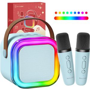 Kinglucky Mini Karaoke Machine for Kids, 2025 TOP Birthday Gifts Ideas for 3-12 Year Old Girls, Christmas Party Gifts Kids' Personal Video Players Accessories with 2 Wireless Microphones - Blue