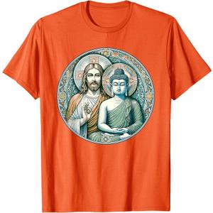 Buddha and Jesus Christ T-Shirt (Small, Orange)