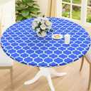 Smiry Round Picnic Tablecloth, Waterproof Elastic Fitted Table Covers for 36" - 44" Tables, Wipeable Flannel Backed Vinyl Tablecloths for Camping, Indoor, Outdoor, Blue & White