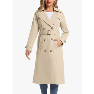 Women's Waterproof Long Trench Coat Double Breasted Length Classic Lapel Belt Coat, M