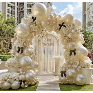 Pearl Sand White Balloon Arch Kit with Black Bow Double Stuffed Pearl Cream Ivory Beige Balloon Garland Different Size 5/12/18 Inch for Bow Birthday Bridal Wedding Baby Shower Coquette Party Decor