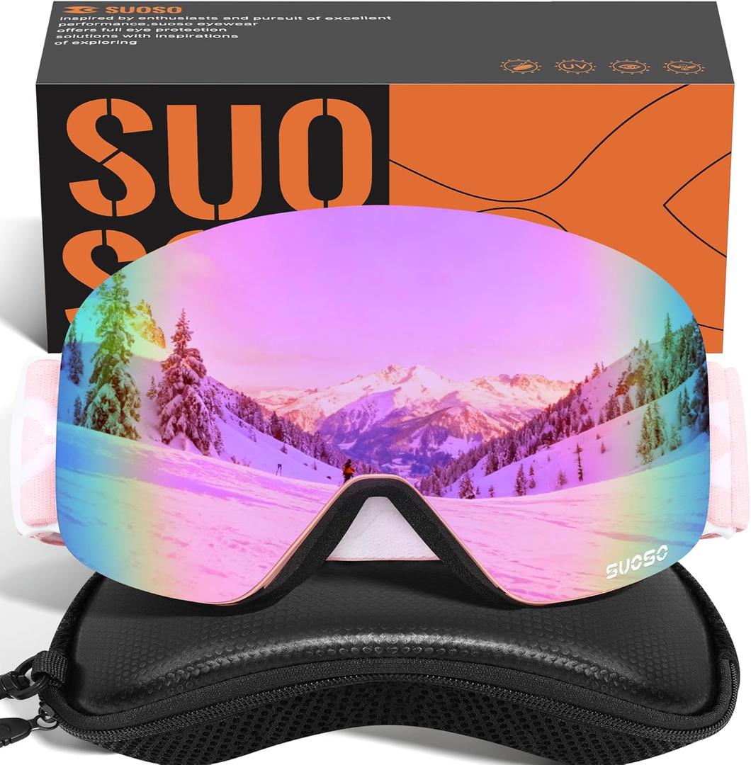 suoso OTG Ski Goggles for Men and Women, Frameless Magnetic Snowboard Goggles Anti Fog UV400 Protection Snow Glasses (C04-pink)