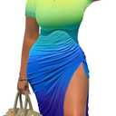 GOKATOSAU Women's Sexy Bodycon Short Sleeve Slit Ruched Summer Club Party Midi Dress Gradient Yellow (XL)