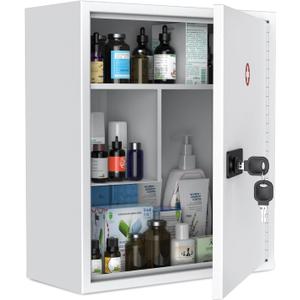 Uniclife Wall Mount Medicine Cabinet with Combination & Key Lock Locking First Aid Cabinet Lockable Medical Cabinet Large Capacity Medicine Organizer Secure Steel Wall Cabinet Metal Storage Box, White