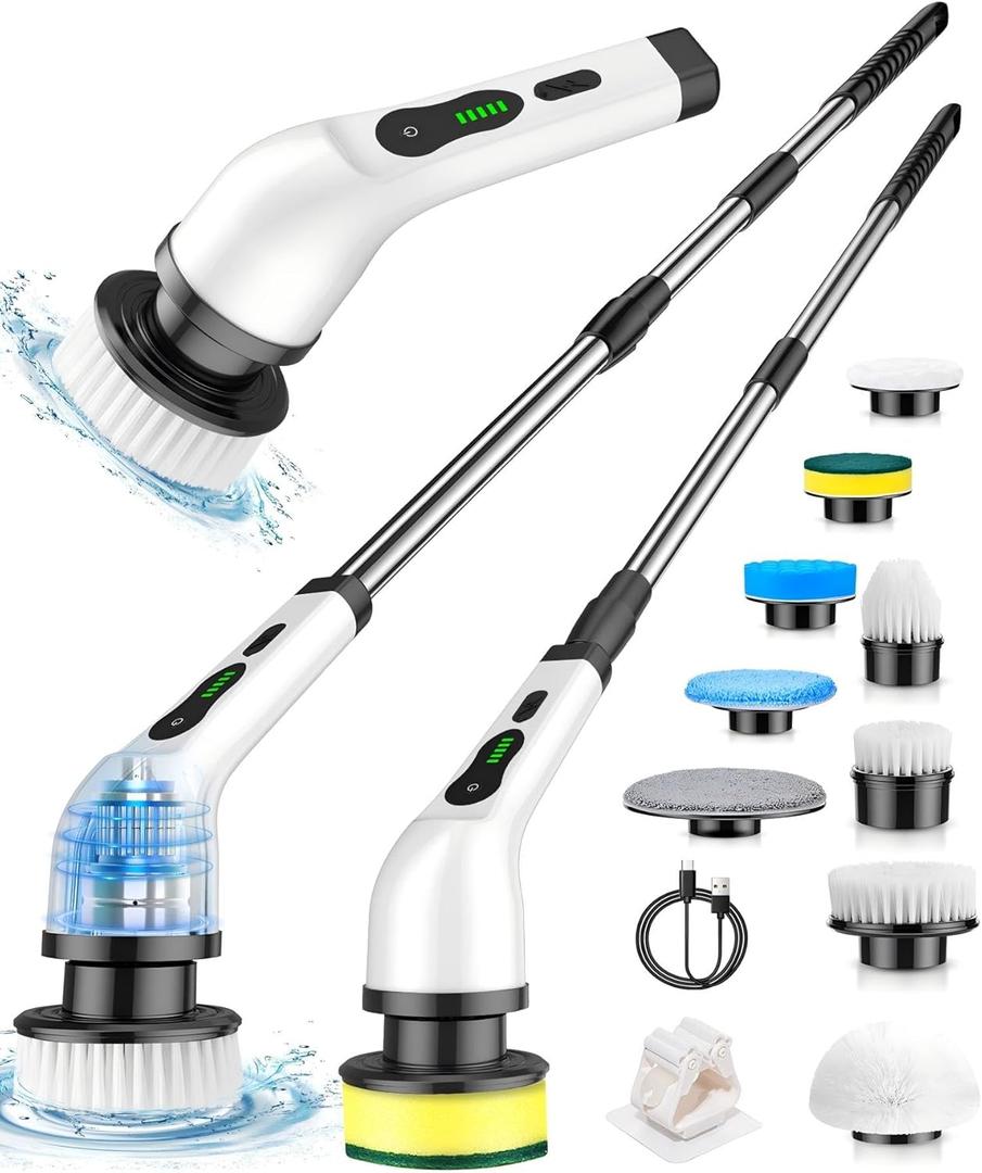 Electric Spin Scrubber, Cordless Cleaning Brush, Shower Scrubber with 7 Brush Heads 2H Power Dual Speed, Adjustable Extension Handle, IPX7 Waterproof for Tub Tile Floor Car, A-J1