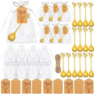 Dandat 50 Sets Tea Spoon Party Favors Gold Tea Spoons Bulk for Guest Include Mini Leaf Dessert Teaspoon Stainless Steel with Thank You Labels Organza Bags for Bridal Shower Party Wedding Souvenir Gift