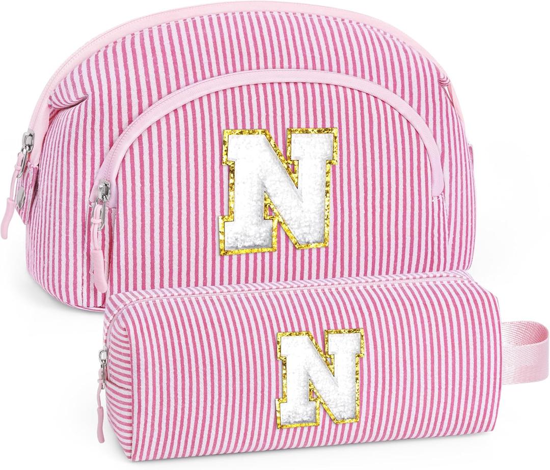 YOOLIFE 2 Pcs Pink Makeup Bag Toiletry Bag - Gifts for Sister Daughter Birthday Gift for Teen Girls Personalized Initial Cosmetic Bags Cute Makeup Bags Personalized Friend Gifts for Women Pink N