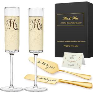 Mr and Mrs Champagne Flutes, Bride and Groom Champagne Glasses, Wedding Glasses with Cake Cutting Set, Bridal Shower Gifts, Unique Wedding Gift Engagement Gifts for Couples (Golden Printing + Gold Cutter Set)